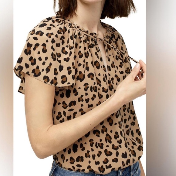 J. Crew Leopard Print 100% Silk Flutter Sleeve Top - Picture 2 of 9
